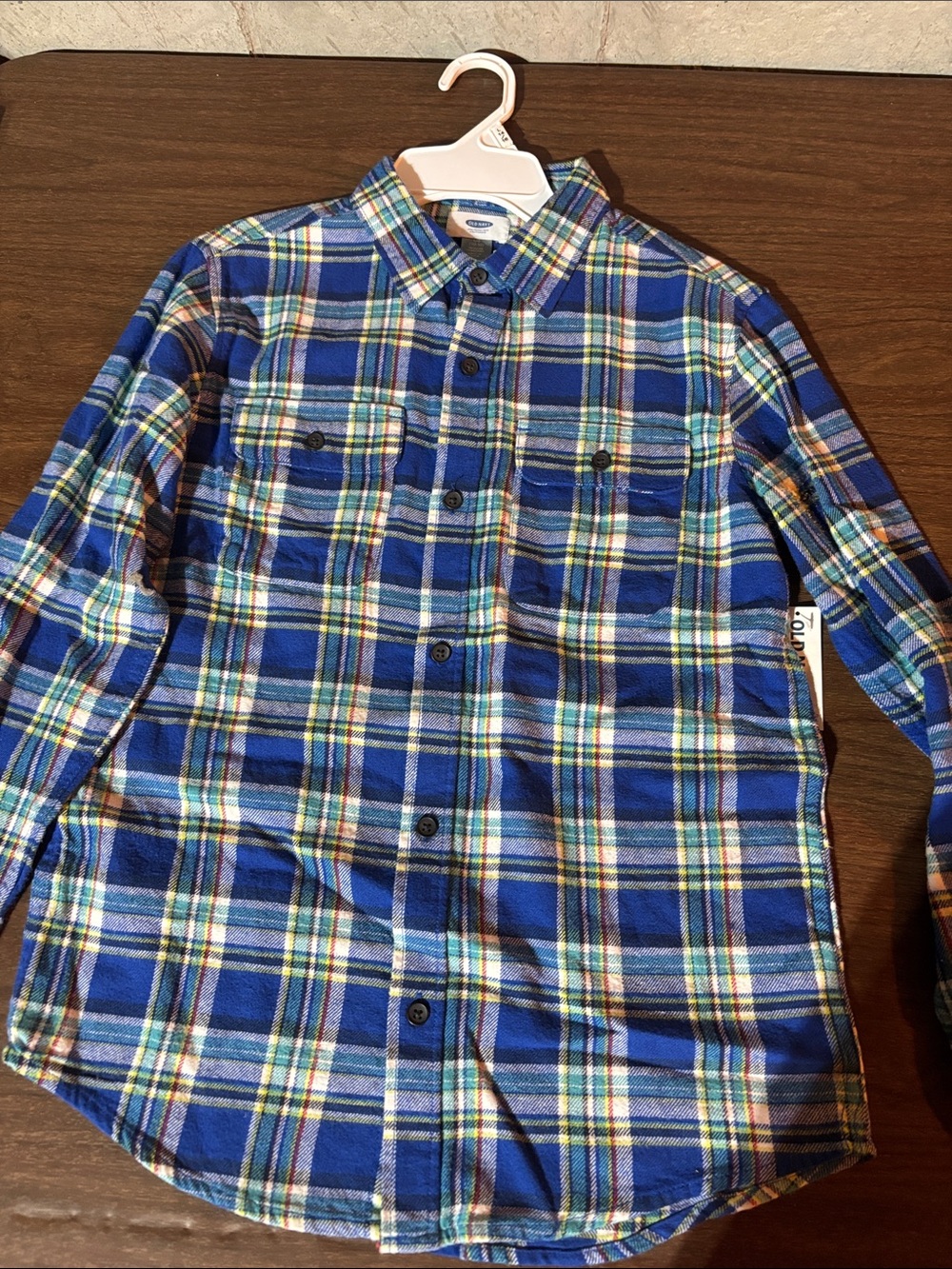 Old Navy Blue Plaid Button-Down Shirt with Green and White Accents